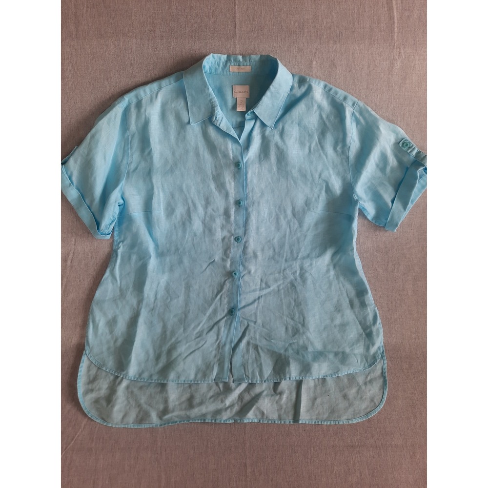 Chico's Aqua Linen Womens Button Shirt Blue Size 2 Canvas Non Iron Preppy Beach